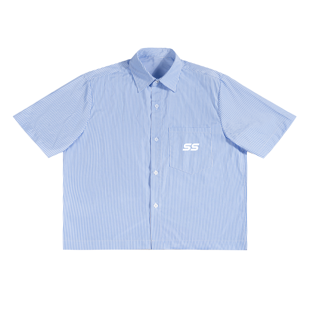 "SS" Logo Oversized Vertical Stripe Boxy Button Shirt