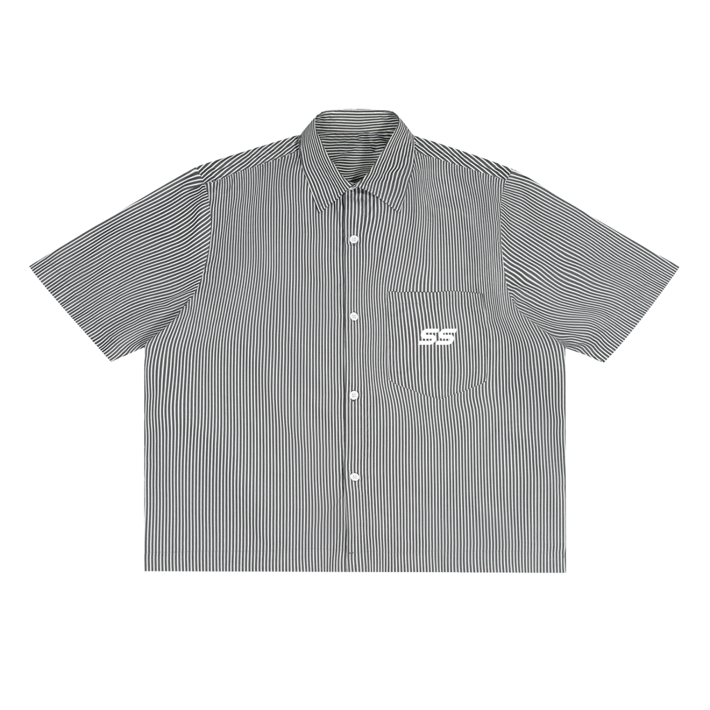 "SS" Logo Oversized Vertical Stripe Boxy Button Shirt