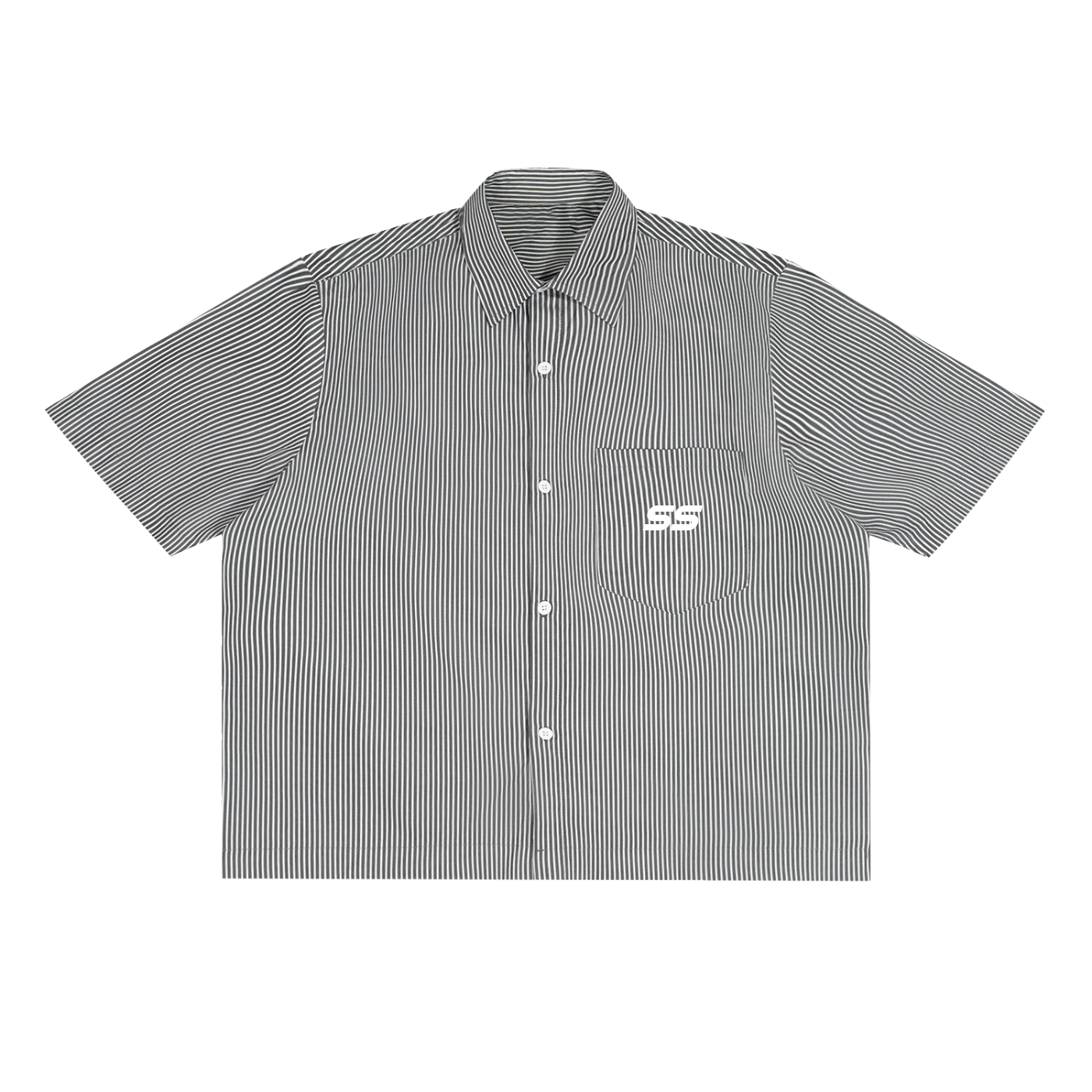 "SS" Logo Oversized Vertical Stripe Boxy Button Shirt
