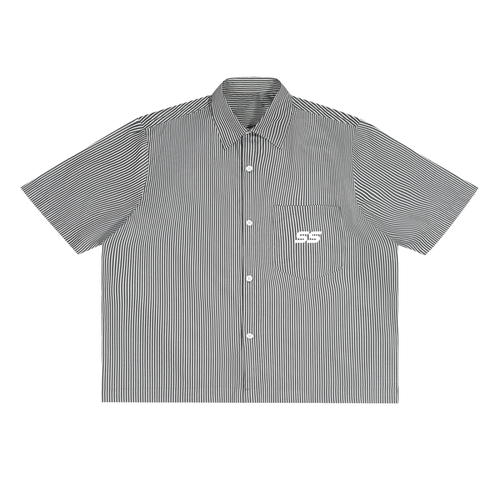"SS" Logo Oversized Vertical Stripe Boxy Button Shirt